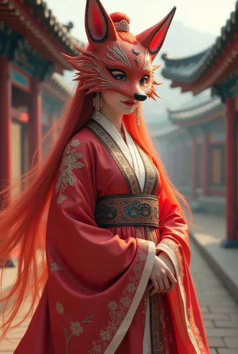 red hair princess with korean traditional clothes with fox mask