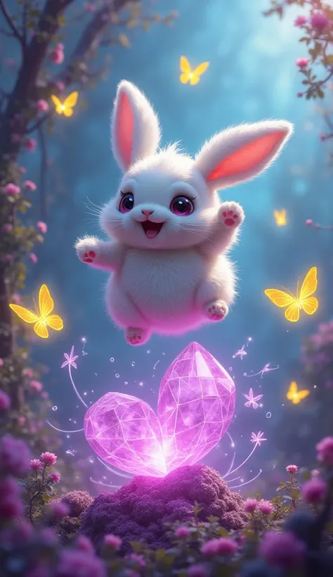 Atop the delicate purple spider webs stood white color fluffy chubby cute tiny spider mutant rabbit. Yellow neon butterflies were flying around. He was dansing on a bigcrystal musical note.