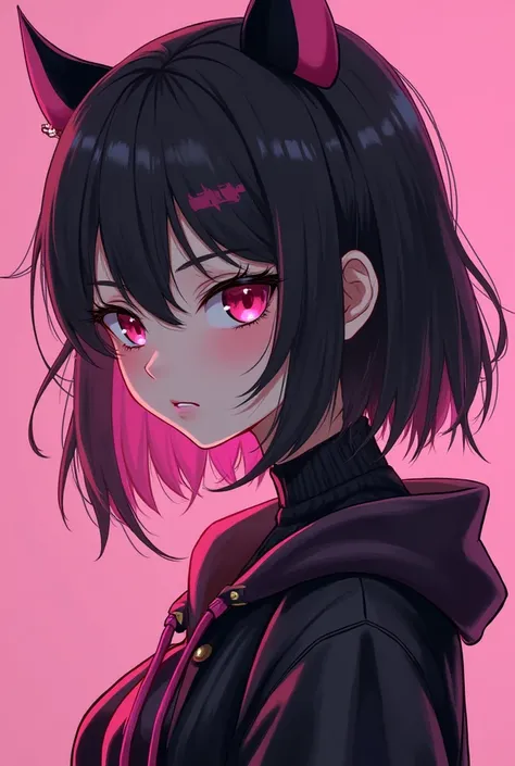  Anime style profile picture of a gamer girl,  Otak in gothic attire ,  Korean makeup , wearing a pink setup , Black hair with blonde, curvy,  pink cheeks, chuby, cute, who has a mysterious and serious look 