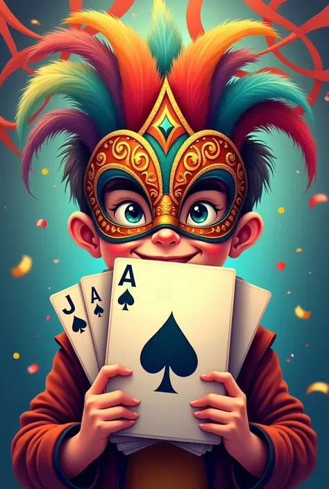 Poster for carnival themed party with deck of cards and a boy with the carnival mask coming out 