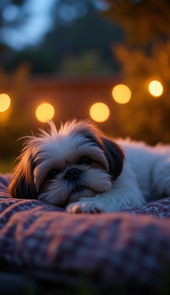 A Shih Tzu is lying on a sleeping bed outdoors at night in a backyard lit by dynamic lights, the dog has his eyes closed sleeping, he is very calm and relaxed, the dog is the focus of the image in the backyard