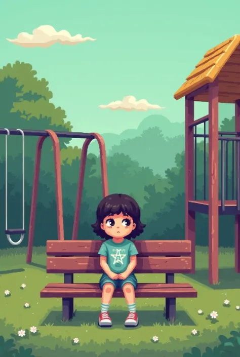 makes an 8-bit image of a girl sitting on a bench in a playground, bored