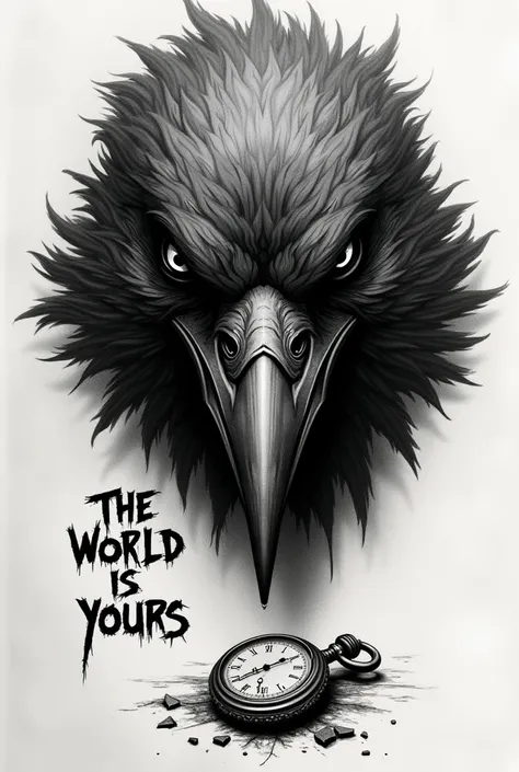 Tattoo sketch with the face of a bad crow with a dark Lettering phrase that says the world is yours and a broken watch 