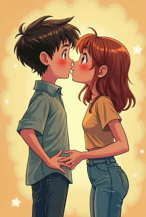 specky boy kiss taller pubescent girl high-waisted mom jeans colorful playhouse anime style