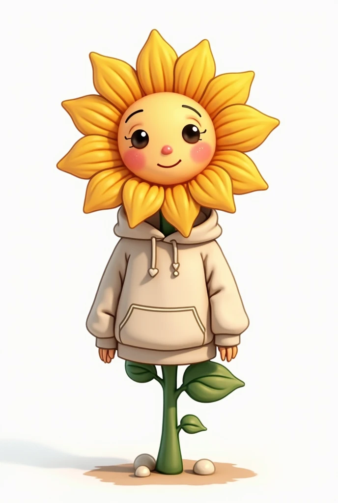 Draw a picture of a flower with a face dressed in sweatshirt style with a white background