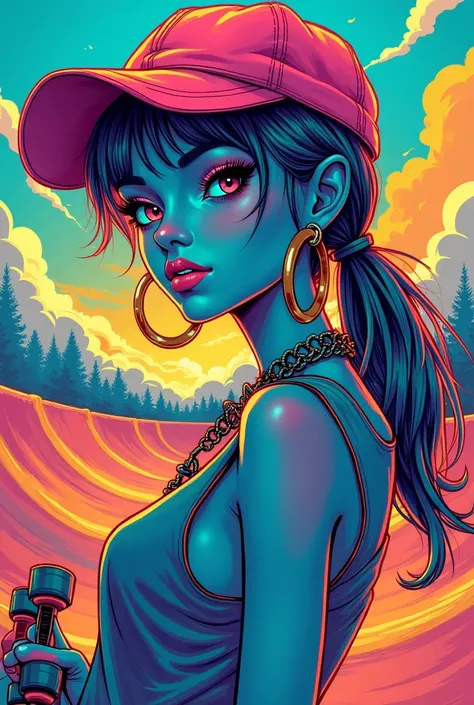 An illustration of a punk rock girl in bright, neon blue, pink and orange colors with strong facial features, wearing a baseball hat, large hoop earrings and holding a skateboard. The girl is standing in front of a dynamic, colorful skate park in a street ...