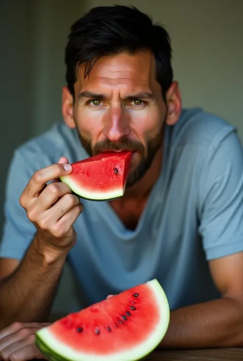 Take a picture for me of Messi eating a watermelon