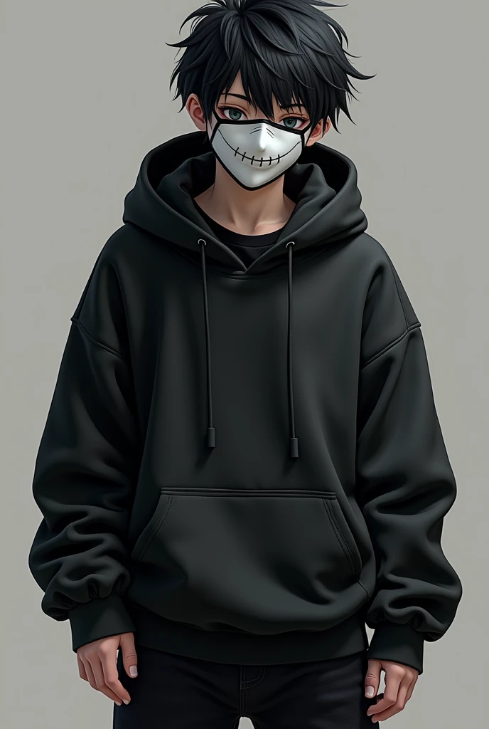  Boy with a black hoodie , cabello negro,  shoes with a white mask that has slanted eyes, a black jersey  ,  black pants and Yordan 
