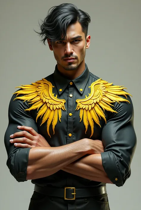 Photo of a 3D male character with crossed arms hair just a little big with some threads painted on the front yellow high collar shirt with wing designs 