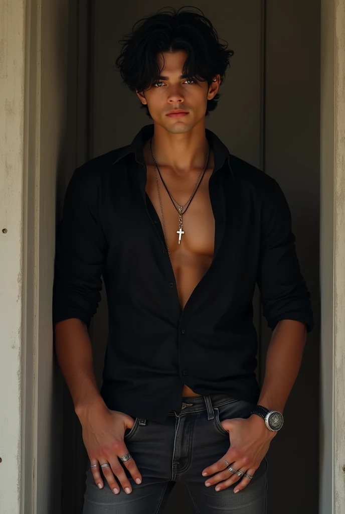 tall and muscular boy  ,  black hair with a disheveled tuft  , Ocean blue eyes  , Are facial features American ,  wears a black shirt slightly unbuttoned on the chest  , jeans neri ,   leaning against the door frame  ,  a necklace with a small cross hangs ...