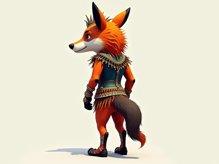 The same carnival mascot designed as a Brazilian maned wolf (lobo-guará), wearing a colorful and detailed carnival outfit adorned with feathers, beads, and other traditional carnival decorations, and a simple carnival mask. The view is from the back, showi...