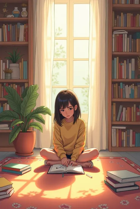 1 line outline Picture in which girl is sitting in front of books and writing something