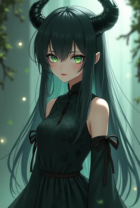 Small female character  , straight black hair , Green eyes black Chinese dress with ribbons on the arm ,  two black horns on the head , sharp black nails , anime.