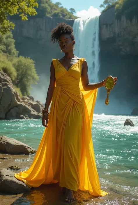 black woman dressed in yellow on the banks of a river with a waterfall behind her with a golden mirror in one hand