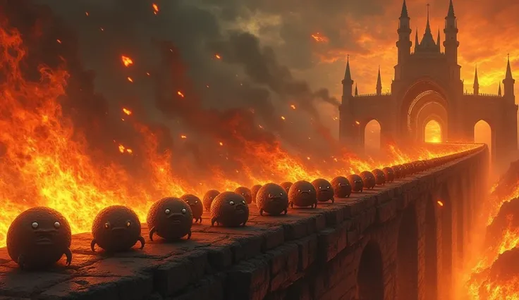 Thousands of tardigrades crossing a bridge engulfed in flames to a hellish castle in hell