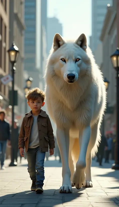 4k ultra realistic photo of a boy is walking along the street with his big giant wolf. The wolf is white.