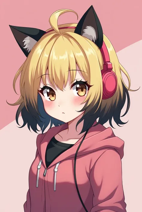  anime-style profile photo ,  short hair ,  blonde and black color ,  a blonde tuft , chuby,  mysterious and serious look ,  plump and pink cheeks,  light brown eyes ,  pink cat headphones , pink setup , curvy