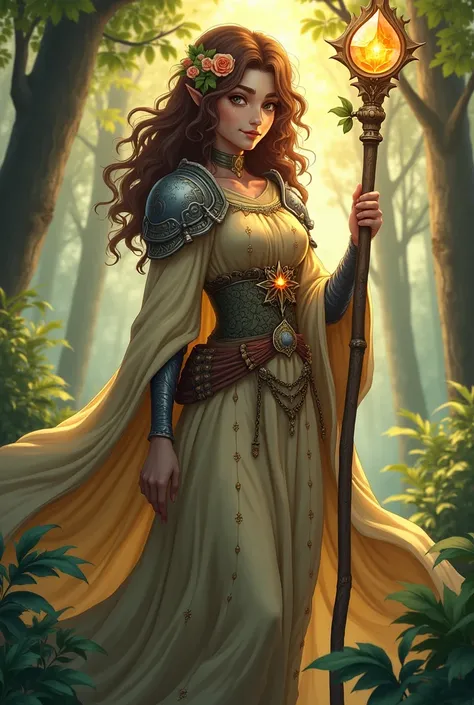 A female firbolg cleric in anime style, wearing a flowing, ornate clerical robe with earthy tones and intricate leaf patterns. Her robes are accented with light armor pieces, such as shoulder guards and a decorative belt, with a mystical and nature-inspire...