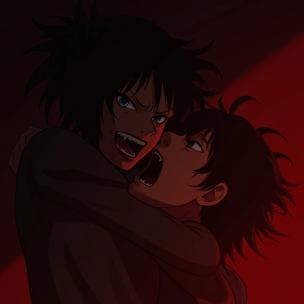 girl who strangles a guy.  red tint , anime, 4K. dark colors.  high resolution, open mouth , 8K rendering, 