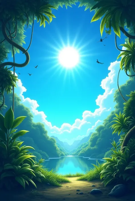 A animated blue sky with a shining sun in a jungle 