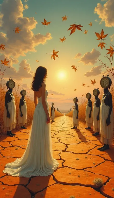 "A surreal dreamscape painting, by Salvador Dali. A landscape dominated by liquid watches and elements of floating dry leaves. And there is a beautiful female character in a long white dress, shoulder length hair, standing on a pastel orange cracked ground...