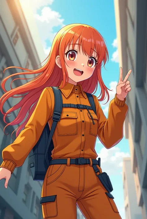 a woman between 25 and 30 years old anime version long orange hair in full body workwear pointing something up to the side smiling
