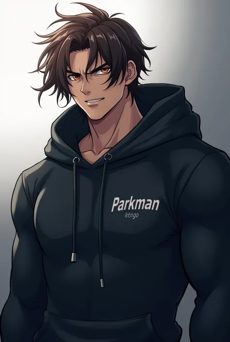 Overall, an anime of a muscular and brave young man with brown hair wearing a dark and scary hoodie with PARKMAN written on it, leave the background of the image neutral