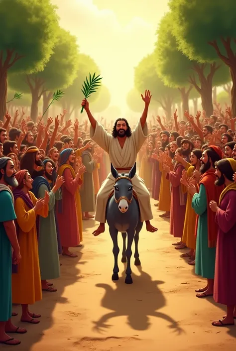 In a Disney-style animated scene, a large and excited crowd gathers along a dirt path. Men, women, and ren dressed in simple, colorful robes wave freshly cut palm branches high in the air, their faces glowing with joy and excitement. The crowd is animated ...