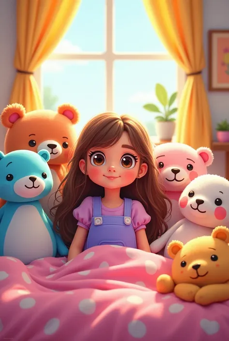 cartoon girl,  brown eyes, long loose brown hair, purple and blue clothing  , s,  waking up in the happy morning, with stuffed animals 