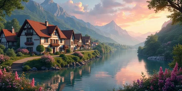  A small village by the river,  mountains in the background ,  colorful flowers ,  detailed landscape style,  beautiful natural scenery ,  atmospheric lighting,  scorching sunset ,  warm colors , practical, photographic,  detailed foliage , complex buildin...