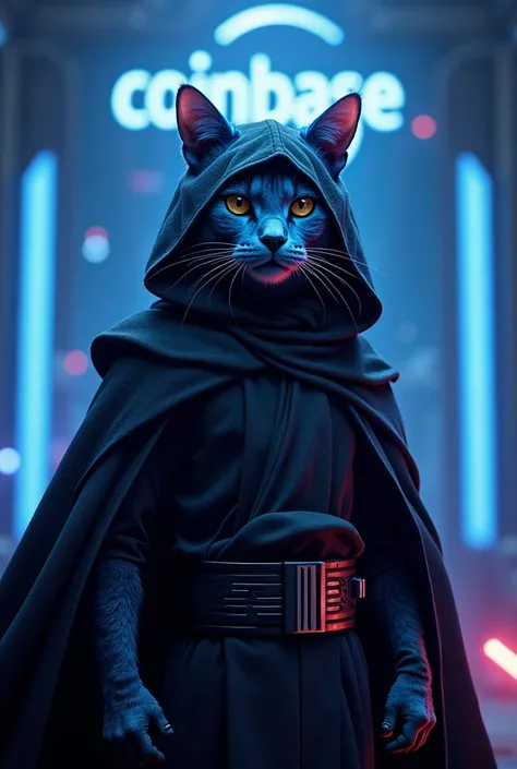 The defiant blue cat TOSHI dressed as a Star Wars SITH and the Coin Base logo in the background.