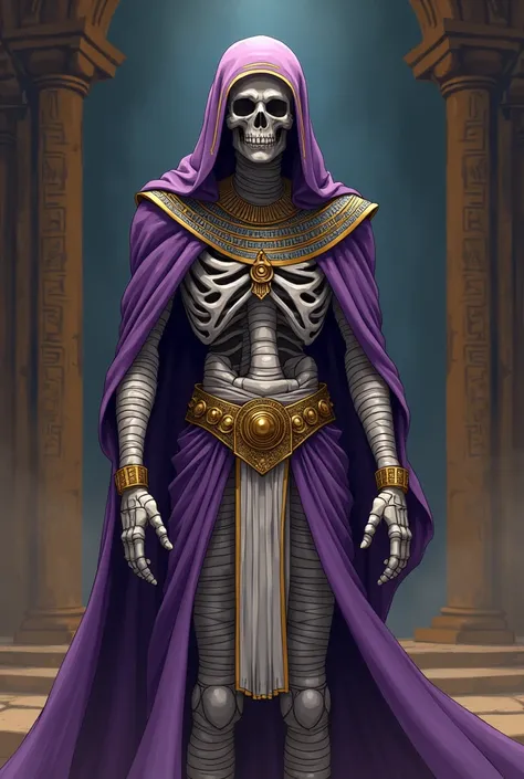 I want you to make an animated sketch of a white mummy dressed as a pharaoh whose clothes are gold and violet 