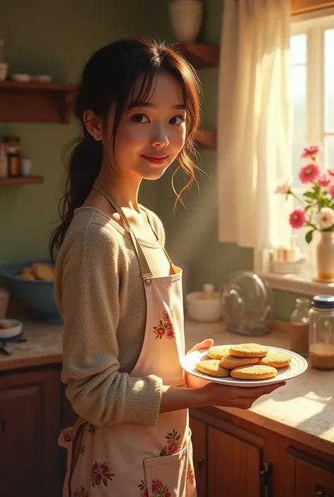 Post: Baking Therapy

Image Prompt:
Lara Jean is standing in her cozy, warmly lit kitchen. She’s wearing a floral apron over a casual sweater and holding a plate of perfectly baked snickerdoodles. Her hair is loosely tied back, with a few strands framing h...