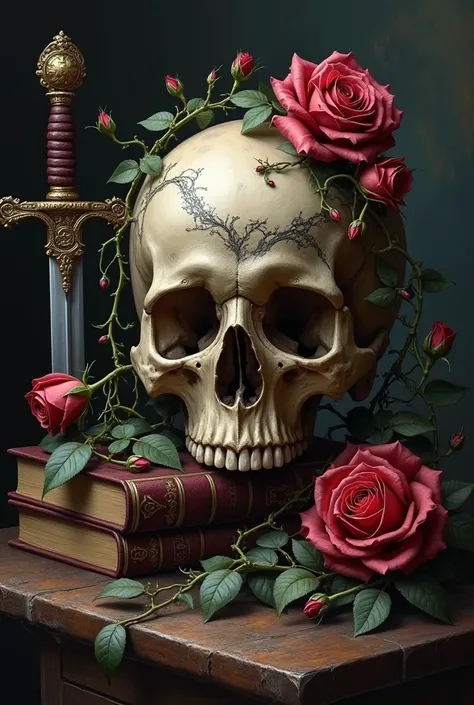 Skull roses snake books sword tattoo