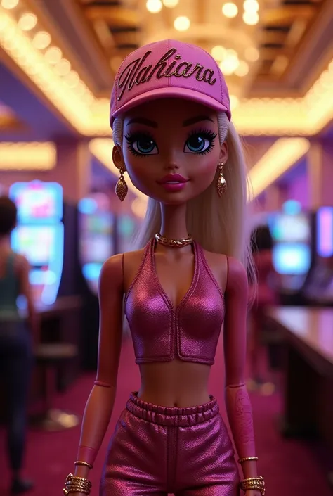 Bratz doll at the casino with a cap on her head that says Nahiara