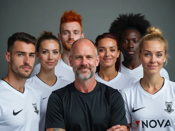 One coach in the middle with black jersey in front and behind him six man soccer players with white color jersey, one is redhead woman, with clear faces posing to camera, all are white skinned, NOVA written on jersey, only one is woman the others are all m...