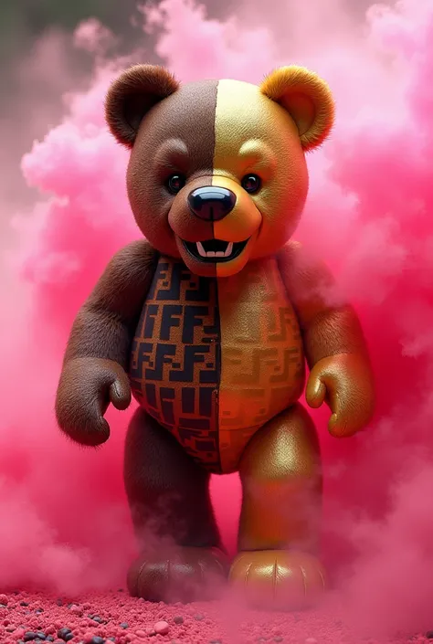 Fendi bear with an explosion of pink dust ,  half of the bear with the Fendi brand countermark in brown and black and the other half in gold,  with furious features and dust on the hands  