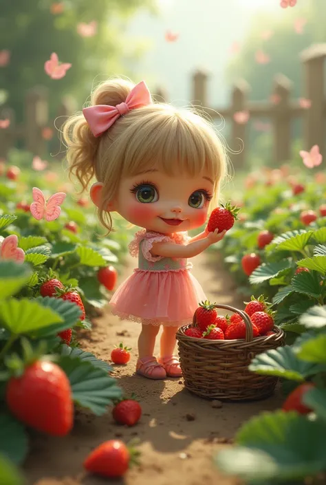 Disney style of a cute girl doll picking strawberries