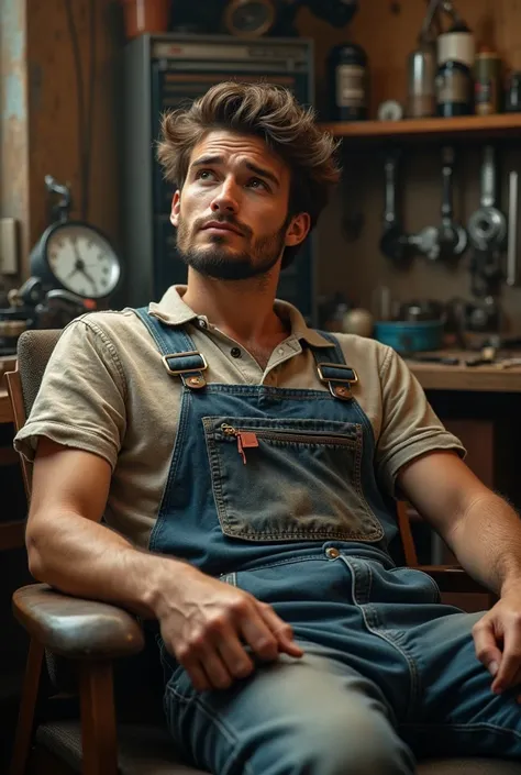 Young guy in his 20's resting in a mechanics overall after working in a car