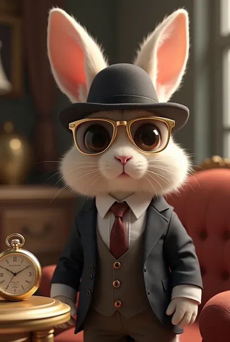 A little rabbit wearing a 3-piece suit with a hat and gold sunglasses with a gold watch with silver in front of him in a luxury living room