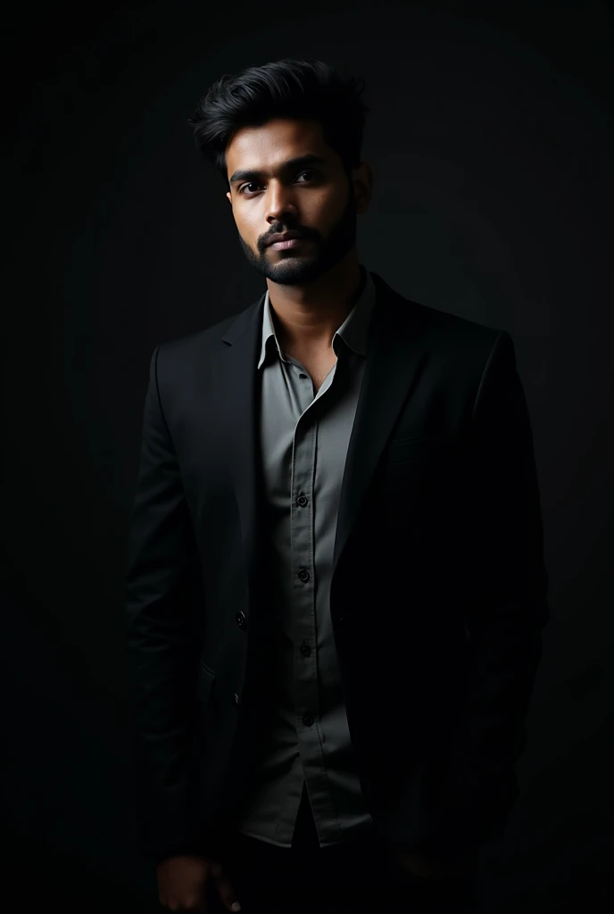 Create a highly realistic portrait of a 26-year-old Bangladeshi man named 'AORNOB SHARIAR, standing in a dark room. He is wearing a blackblazer and a white shirt.

The lighting should be dramatic, focusing on his handsome face with a light stubble, giving ...