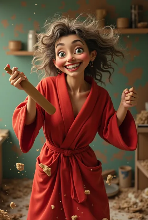 funny disheveled woman in a bright red robe, smears with a rolling pin, look funny against the background of the room, 3d