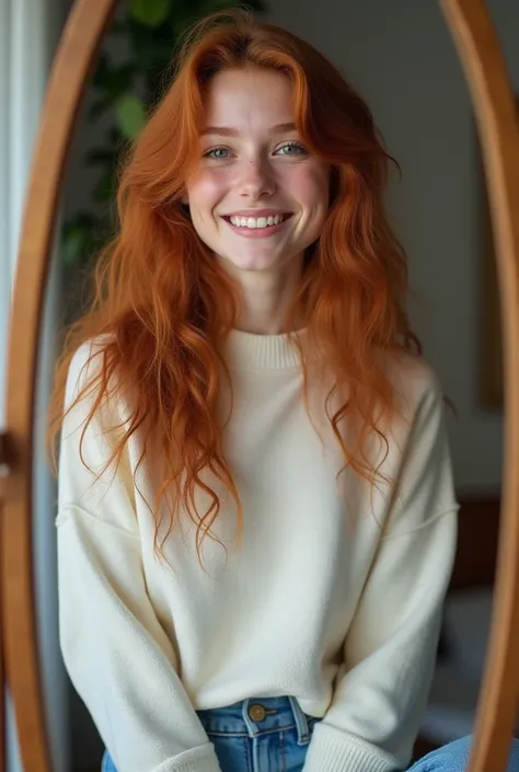  Girl with coppery red wavy hair  , tall and thin ocean-colored eyes  ,  smiling  ,    wears tight blue jeans and a loose white sweater ,  white sneakers  , Mirror photo  