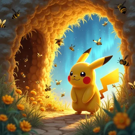 Pikachu est dans une ruche il se balade il rencontre des abeilles beaucoup d'abeilles en train de butiner au loin il aperçoit la sortie de la ruche et voix des aurores boréales dans le ciel