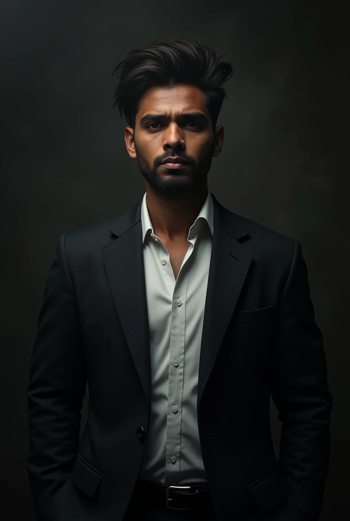 Create a highly realistic portrait of a 27-year-old Bangladeshi man named 'HANIF AHMED, standing in a dark room. He is wearing a blackblazer and a white shirt.