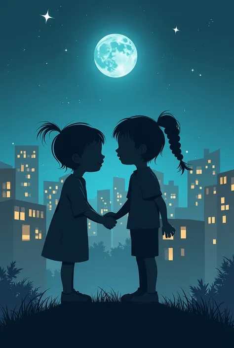 A boy doing fun with a girl without face. Shadow effect on their body. Add text "Rangpur Shohore" City buildings on background. Add window lights on the city buildings. Add stars & a moon on the sky. The boy and the girl will stand on a mountain.