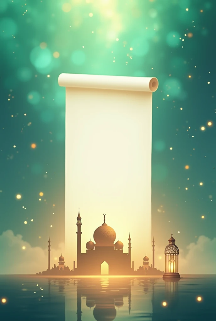 Imagine a green , blue , golden and white vibrant ,dreamy and magical gradient background. Set against in the center of the gradient a beautiful,stylish, and modern white parchment scroll in an artistic way .and At the foreground a beautiful mosque and a l...