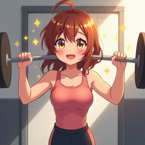 cute anime girl lifting weights, make her eyes really cute with sparkles, her hair brown almost red,  she wears pants and maiou