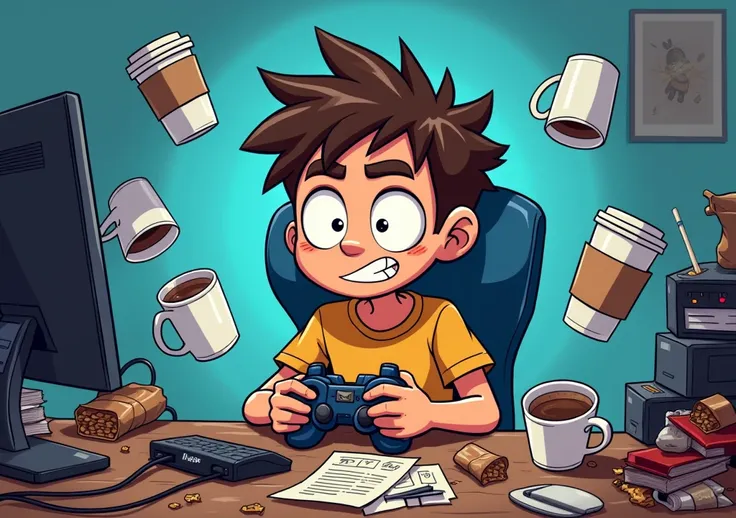  A character named Levi at a computer table, with several cups of coffee piled up ,  playing video games with an animated expression . Do it in a cartoon 