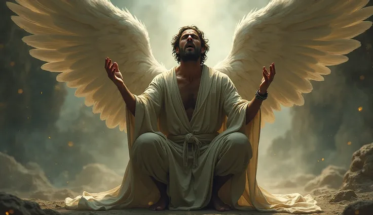  Created a digital art image with magic art ,  mixed with masterpiece , by Daniel kneeling , crying out to God in the front center and a male angel behind him.